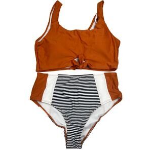 Shein Two Piece Bikini Set Orange Striped Bottoms Size Large L - EUC